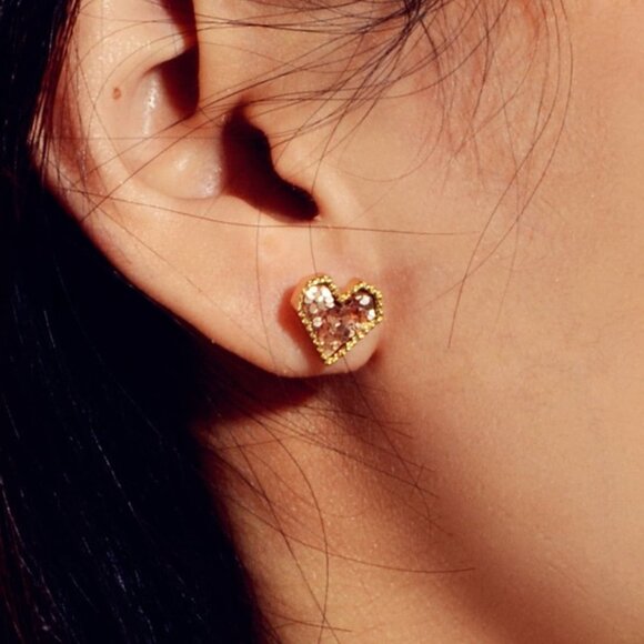 Gold Heart Stud Earrings – Pink Shimmer - Picture 1 of 3